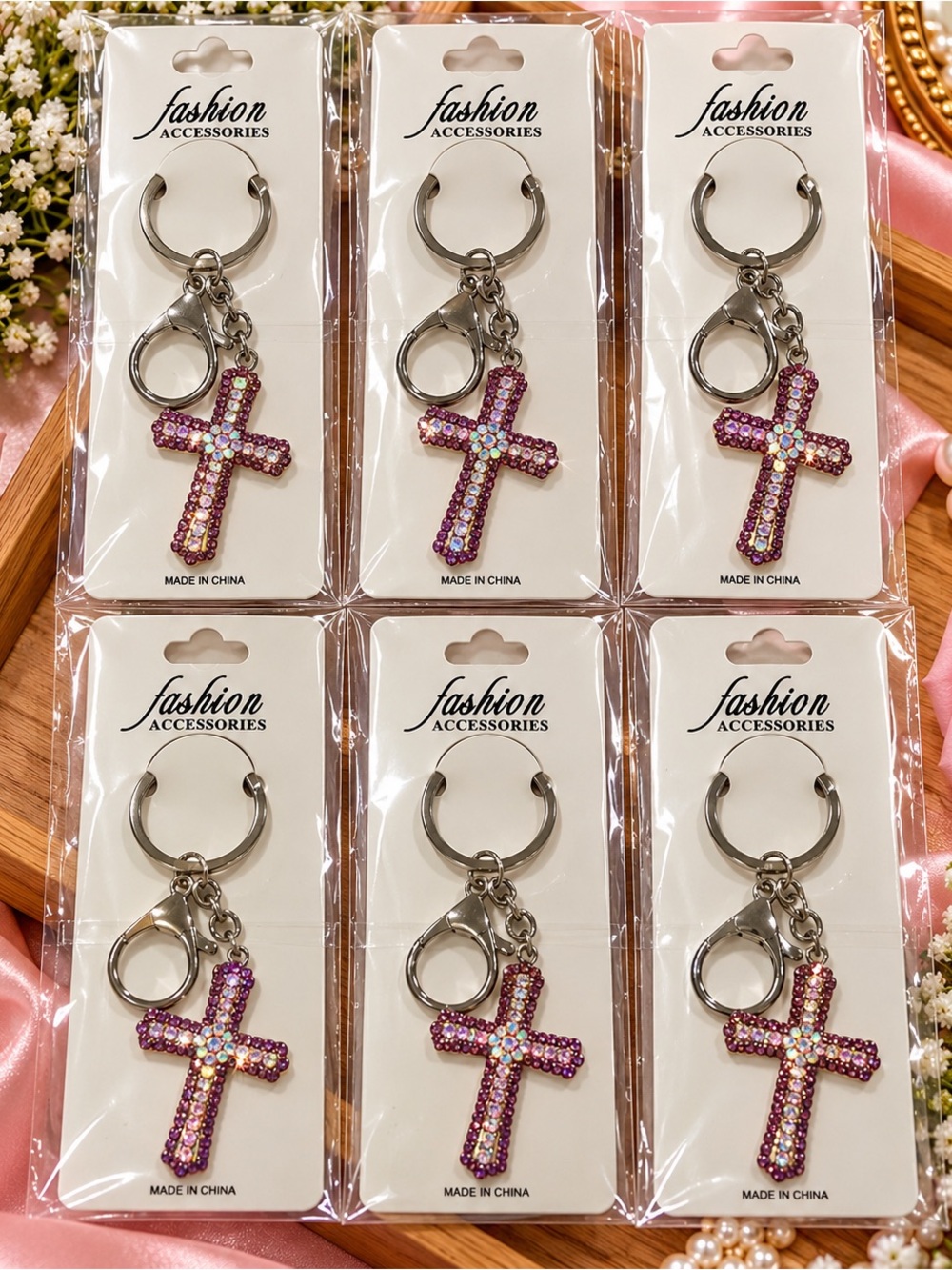 6 Purple Crystal Cross Keychain Silver